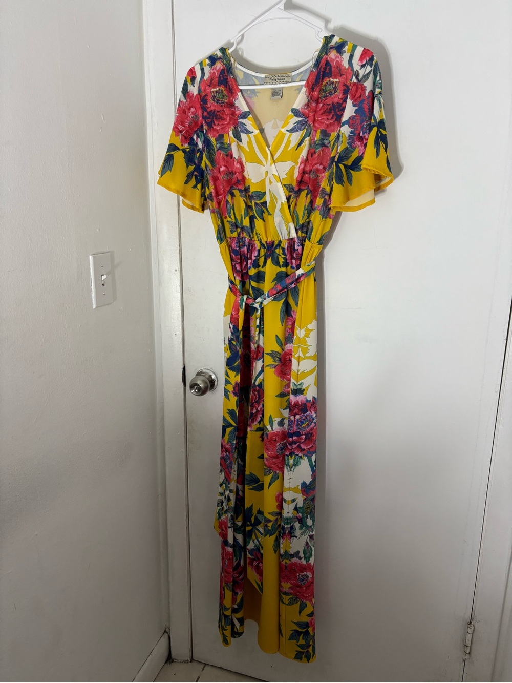Flying Tomato Yellow Floral Wrap Maxi Dress with Pink Blooms